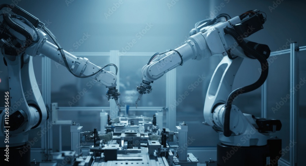 Futuristic robotic arms in automated manufacturing process Futuristic robotic arms in automated manufacturing process