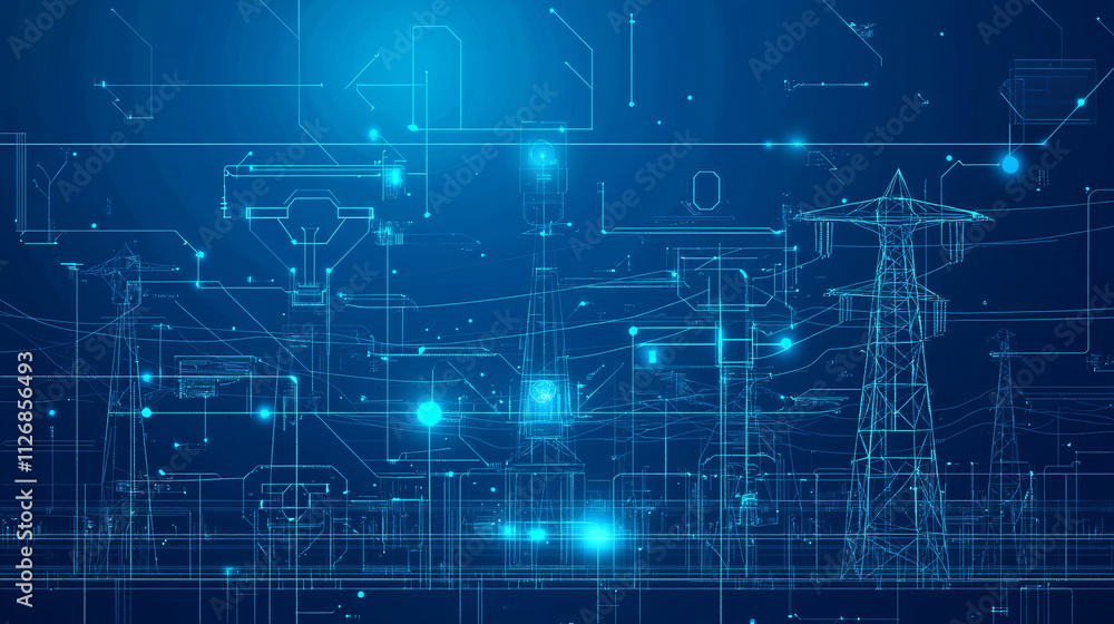 Blueprint-style line illustration of a futuristic smart grid system with power lines and energy nodes, symbolizing efficient energy distribution. Blueprint-style line illustration of a futuristic smart grid system with power lines and energy nodes, symbolizing efficient energy distribution.