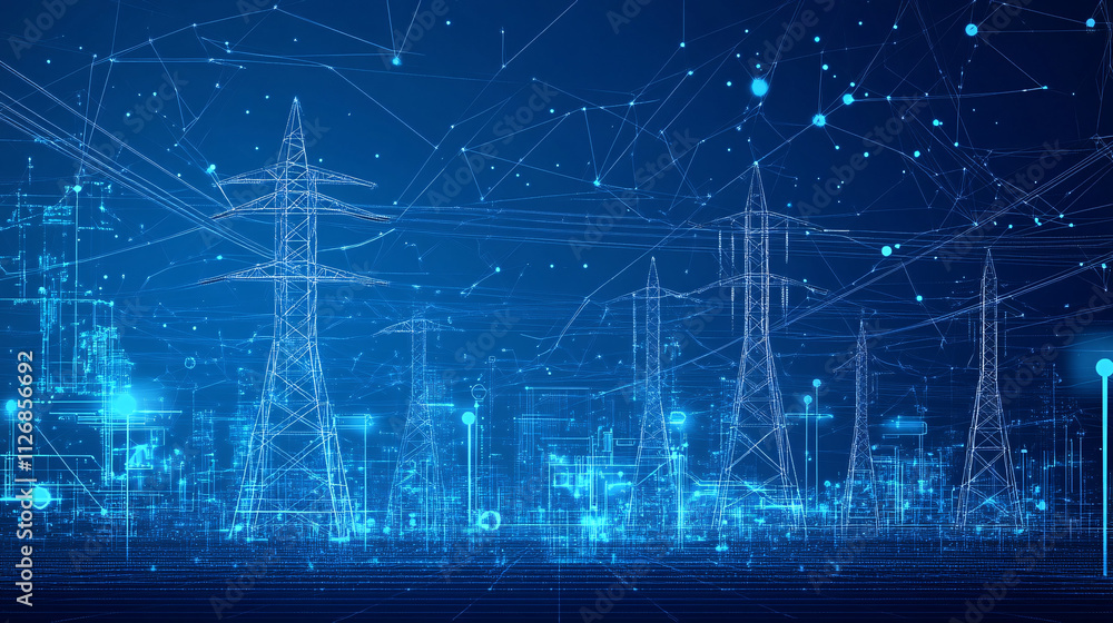 Blueprint-style line illustration of a futuristic smart grid system with power lines and energy nodes, symbolizing efficient energy distribution. Blueprint-style line illustration of a futuristic smart grid system with power lines and energy nodes, symbolizing efficient energy distribution.