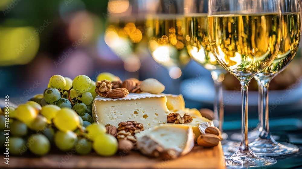 A Delicious Spread of Cheese, Nuts, and Grapes Surrounded by Elegant Glasses of White Wine on a Sunny Outdoor Table, Perfect for Entertaining and Celebrations A Delicious Spread of Cheese, Nuts, and Grapes Surrounded by Elegant Glasses of White Wine on a Sunny Outdoor Table, Perfect for Entertaining and Celebrations