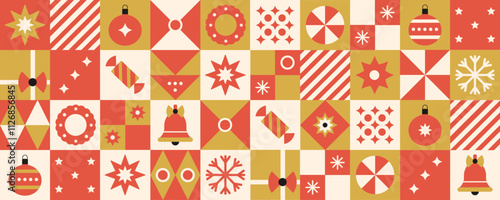Christmas geometric seamless pattern with modern red, white, and gold holiday icons is perfect for backgrounds, wrapping paper, and wallpaper. It is contemporary and trendy for the holiday season! 