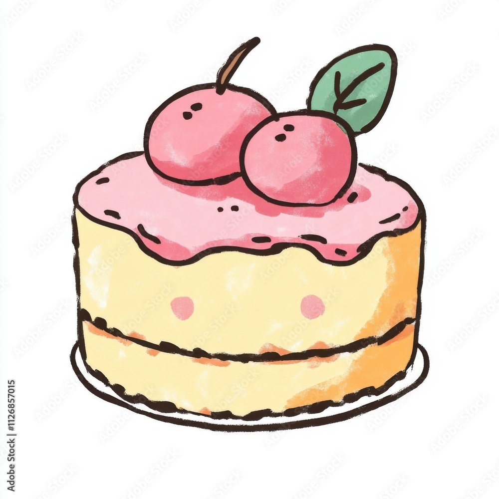 Hand-drawn cake with cherry topping and leaf, dessert illustration for bakery or sweet shop design Hand-drawn cake with cherry topping and leaf, dessert illustration for bakery or sweet shop design