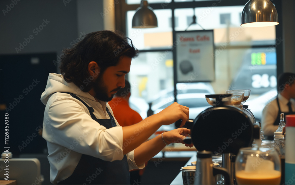 A barista expertly preparing coffee in a vibrant cafe, surrounded by customers and a welcoming atmosphere, highlighting craft and hospitality. A barista expertly preparing coffee in a vibrant cafe, surrounded by customers and a welcoming atmosphere, highlighting craft and hospitality.