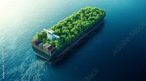 A cargo ship covered in lush green vegetation sailing on a calm blue ocean.