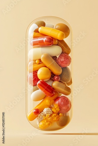 Focused on the vibrant assortment of capsules, showcasing psychobiotics designed to support gut health and enhance mental balance in everyday life photo