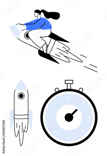 Person riding a rocket stopwatch rocket icon. Ideal for speed, progress, goals, milestones, achievement, time management, innovation. Line metaphor