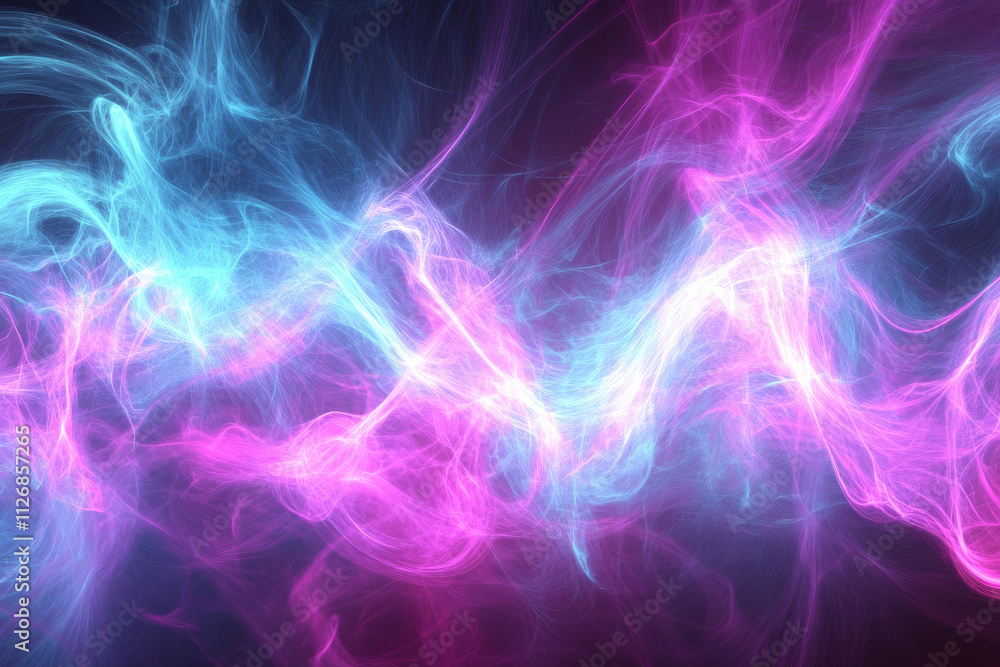 Fototapeta premium An abstract digital background of glowing particle trails in vivid cyan, magenta, and white, flowing dynamically.