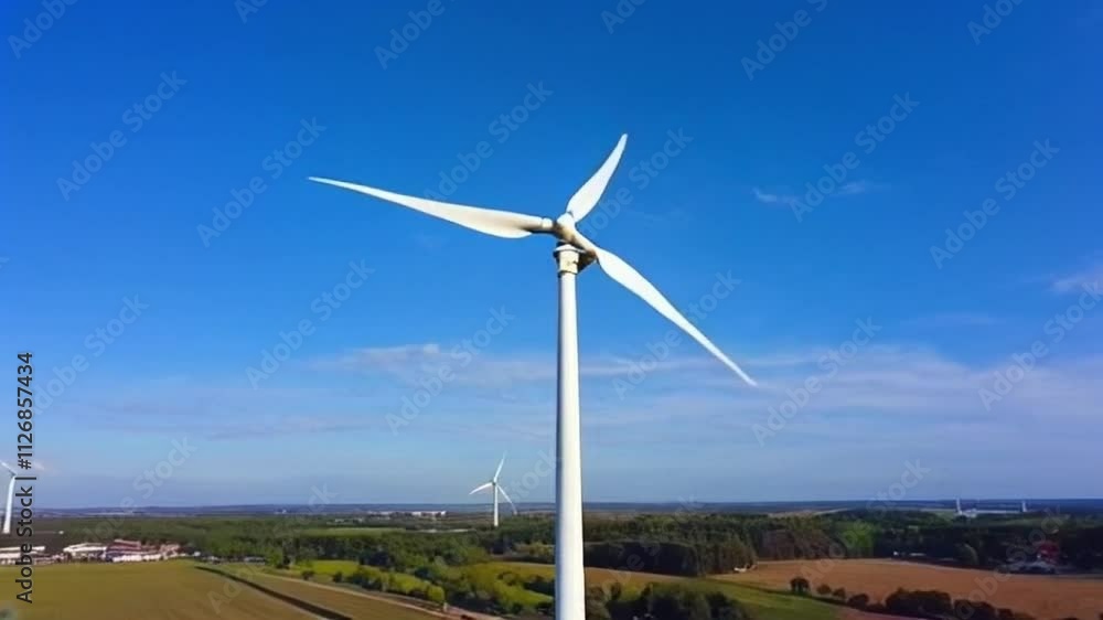 Top down aerial above white wind turbine rotating to generate eco friendly electricity. Renewable energy, sustainable development, environment friendly concept. Rotating drone shot, above view 4K USA