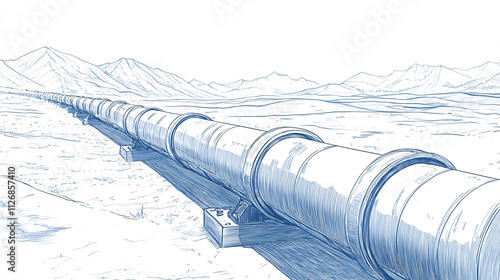 Cross-section line drawing of an underground oil pipeline network stretching across a desert, symbolizing global energy transport. 