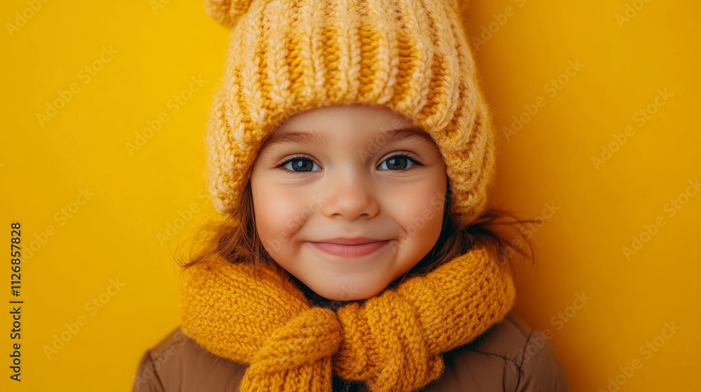 inspired wit idea child in knitted hat. kid wear warm clothes on yellow background inspired wit idea child in knitted hat. kid wear warm clothes on yellow background