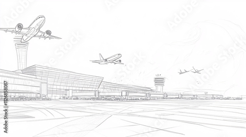 Detailed line drawing of a modern airport with airplanes taking off and landing, emphasizing air travel and global connectivity. 