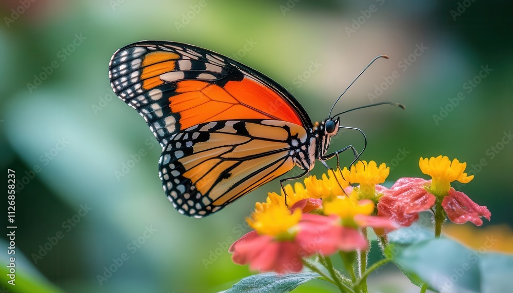 Butterfly perched on flower with vibrant wings, soft lighting, peaceful garden atmosphere Butterfly perched on flower with vibrant wings, soft lighting, peaceful garden atmosphere