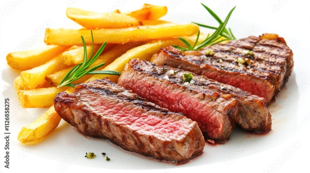A delicious plate of grilled steak served with crispy fries and garnished with herbs. A delicious plate of grilled steak served with crispy fries and garnished with herbs.