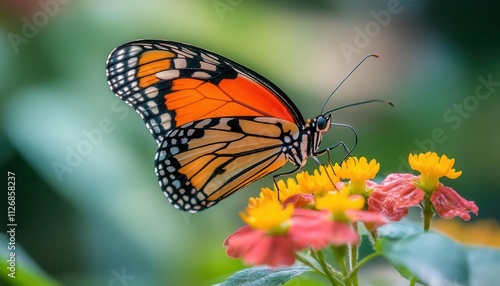 Butterfly perched on flower with vibrant wings, soft lighting, peaceful garden atmosphere