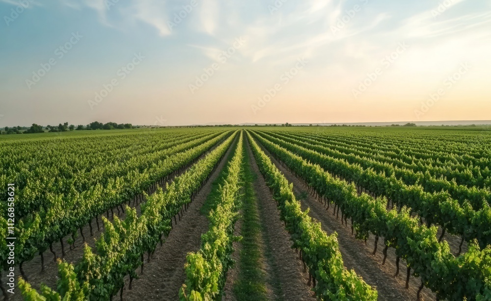 Vast Vineyard Rows Under a Golden Sunset: A Serene Rural Landscape Vast Vineyard Rows Under a Golden Sunset: A Serene Rural Landscape