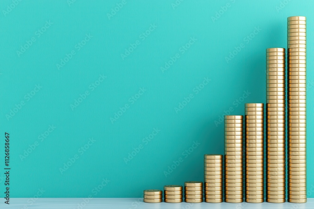 Value and price in commerce concept. Growing stack of coins on a turquoise background, symbolizing financial success and investment growth. Value and price in commerce concept. Growing stack of coins on a turquoise background, symbolizing financial success and investment growth.