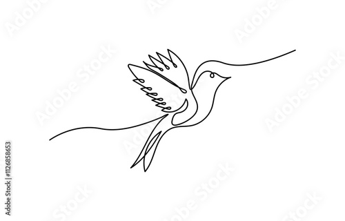 One continuous line drawing of flying up dove. Bird symbol of peace and freedom in simple linear style, Flying bird continuous line drawing element isolated on white background for decorative element.