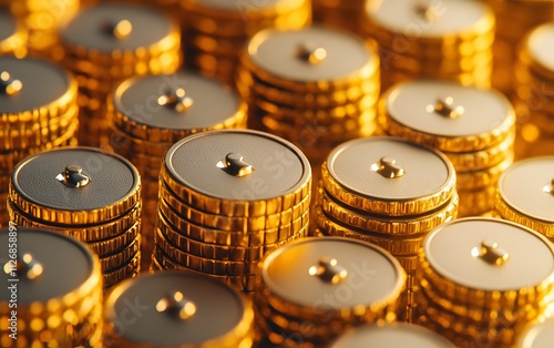 A close-up view of stacked gold coins, highlighting wealth and investment themes. photo