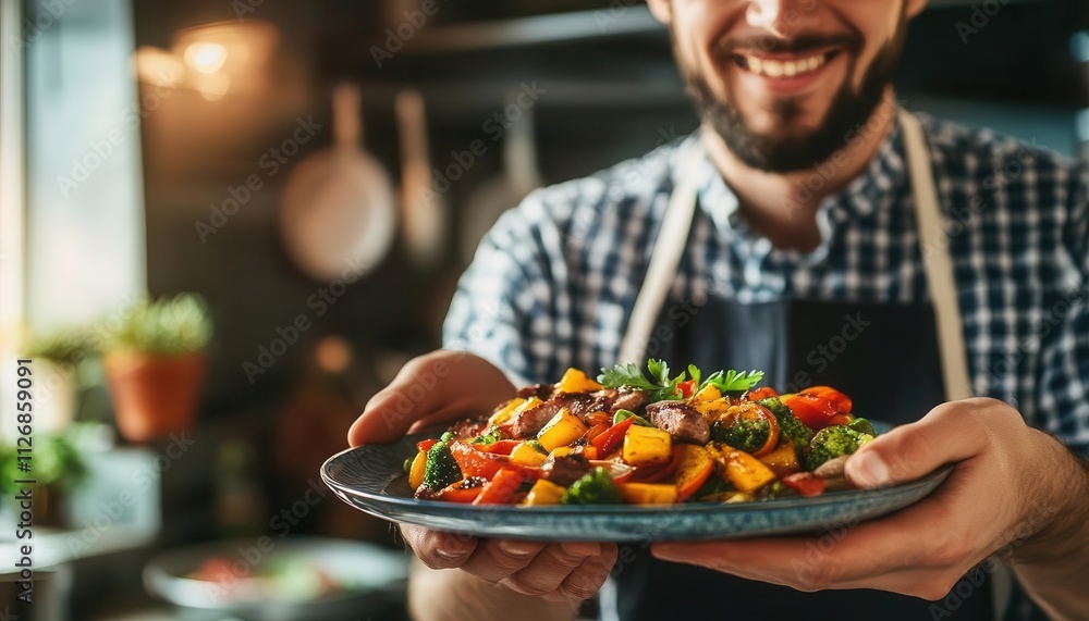 Chef holding a plate of vibrant food, soft lighting, cozy kitchen setup Chef holding a plate of vibrant food, soft lighting, cozy kitchen setup