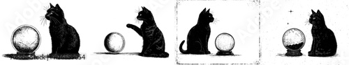 Vintage engraving of a black cat with a magic crystal ball, transformed into a modern illustration with a black outline.