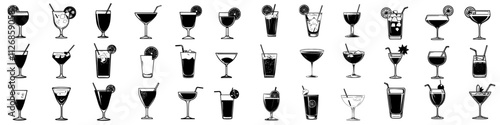 Modern black icons featuring cocktails and drinks, including a cocktail with a straw and fruit illustration.