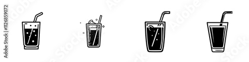 A basic black and white icon depicting a fizzy drink in a glass with a straw.