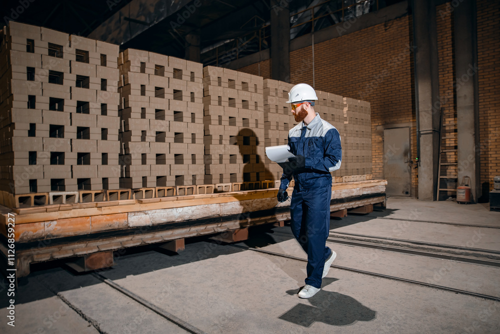 Ceramic factory, worker use clipboard for control quality of bricks Ceramic factory, worker use clipboard for control quality of bricks