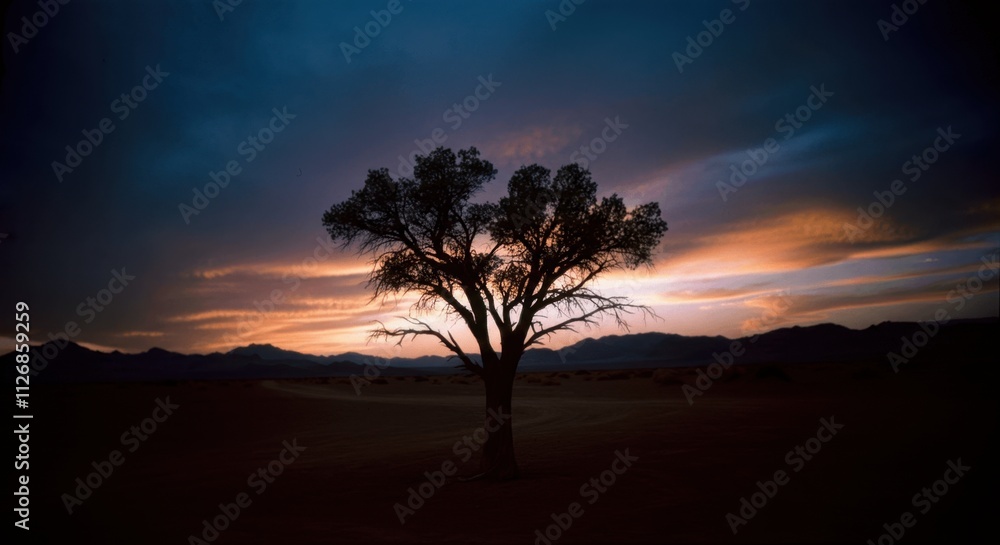 Fototapeta premium Solitary tree silhouette vibrant sunset sky