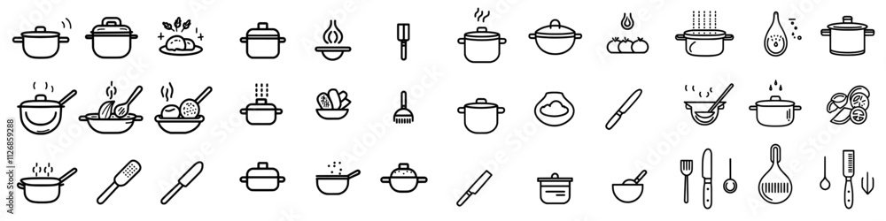 A set of sleek, contemporary cooking icons in black and white. A set of sleek, contemporary cooking icons in black and white.