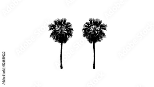 A lifelike silhouette of a tropical coconut palm tree, depicted in black with outline contours against a white background, available in modern format.