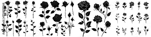 Modern illustration featuring rose silhouettes. Black rosebuds and stems in stencil form, isolated on a white background.