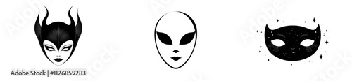 A black and white modern silhouette design featuring a traditional carnival mask and a Venetian gondola boat.