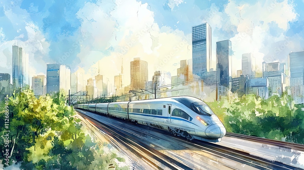 High Speed Train Passing Modern City Skyline High Speed Train Passing Modern City Skyline