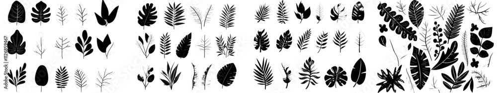 Fototapeta premium Silhouettes of tropical leaves. A collection of black silhouettes featuring palm tree leaves, coconut trees, and monstera leaves in a modern illustration. Monochrome black silhouettes of tropical