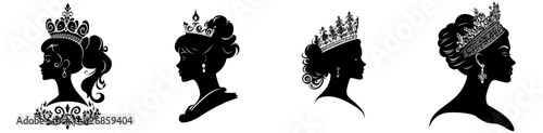 An elegant side profile of a beautiful woman with a royal crown, depicting a modern black portrait of a princess or queen.