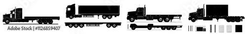 Silhouette of a flatbed truck on a white background. Set of vehicle icons viewed from the side, front, back, and top.