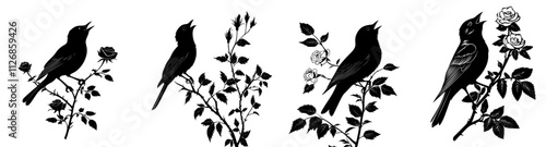 Contemporary black silhouette of a nightingale and a flower.