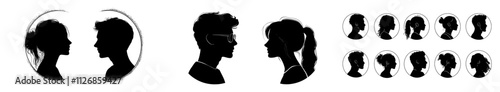 Collection of modern illustrations featuring male and female profiles, including silhouette heads, avatar faces, and person icons.