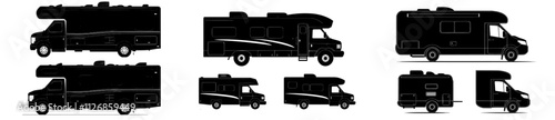 Silhouette of a recreational vehicle on a white background. Set of camper van icons viewed from the side, front, back, and top.
