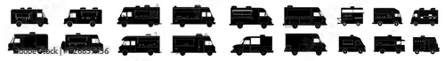Silhouette of a vintage food truck on a white background. Vehicle icons viewed from the side, front, back, and top.