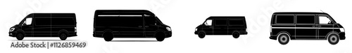 Silhouette of a passenger van or minibus on a white background. Vehicle icons set includes views from the side, front, back, and top.