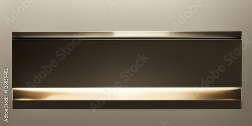 Horizontal chrome-framed mirror with geometric lines reflecting warm and cool lighting contrasts.