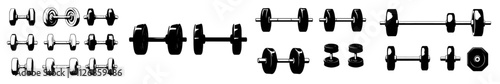 Collection of barbells and dumbbells in black and white. Ideal for logos, labels, signs, and emblems. Contemporary design.
