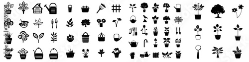 Collection of gardening icons. Includes planting, maintenance, and vegetable garden. Monochrome black and white design.