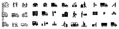 A set of icons depicting moving and relocation. The process of leaving home for a new residence, including the loading and unloading of furniture, a truck, and movers. Searching for accommodation.