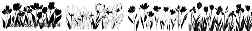 A collection of tulips rendered in black gouache, set against a white backdrop. This botanical illustration is ideal for textile patterns and various designs.