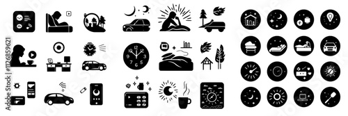 Set of icons related to sleep, including deep sleep, sleep attributes, people sleeping, bed, and pillow. Presented in black and white monochrome.