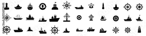 Collection of monochrome black and white icons depicting a seaport and shipping.