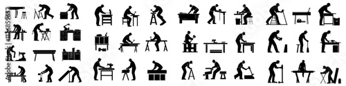 Creating a set of furniture icons. Furniture production, installation, and assembly. Man with tools. Modern black and white icon of a repairer. Isolated symbol.