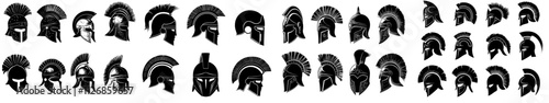 Spartan black helmets: ancient Roman gladiator headgear protection, monochrome silhouettes of medieval classical Greek soldier war equipment, modern set.
